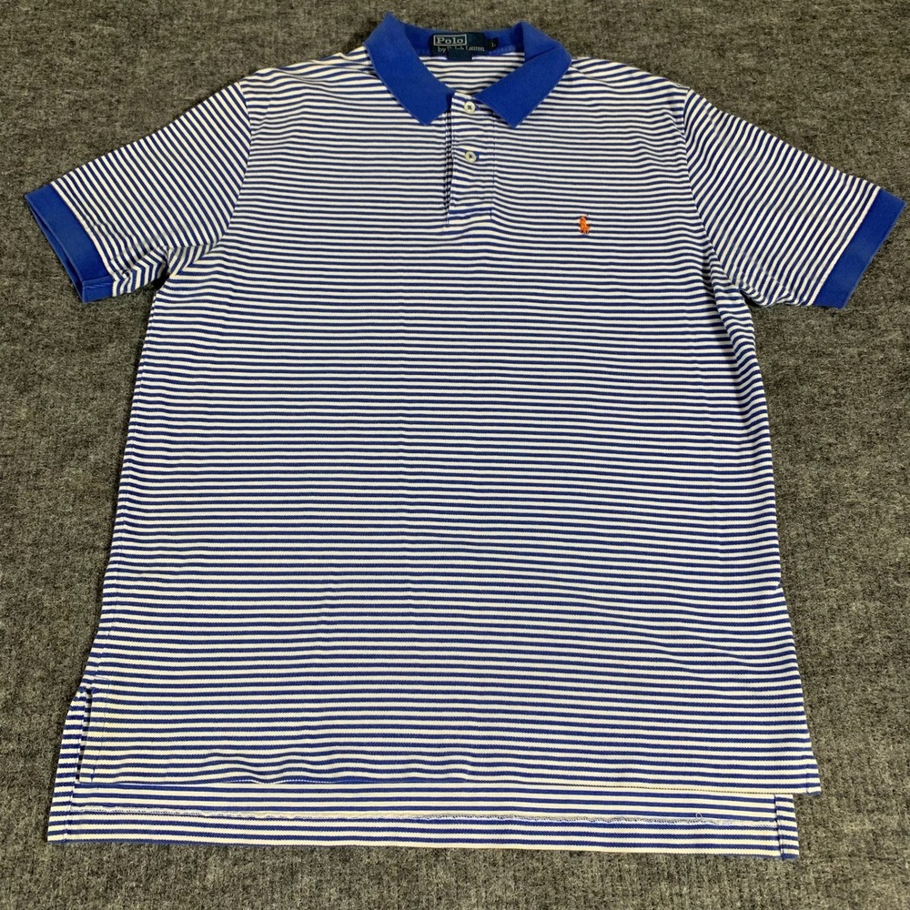 VTG Polo Ralph Lauren Shirt Mens L Blue Striped Short Sleeve Pony Logo Preppy